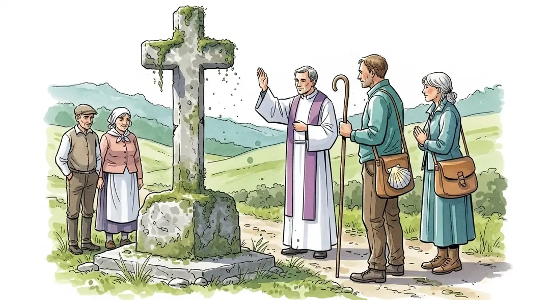 Bénédiction d'une croix du chemin de Compostelle lors d'une cérémonie de dédicace avec pèlerins et communauté locale