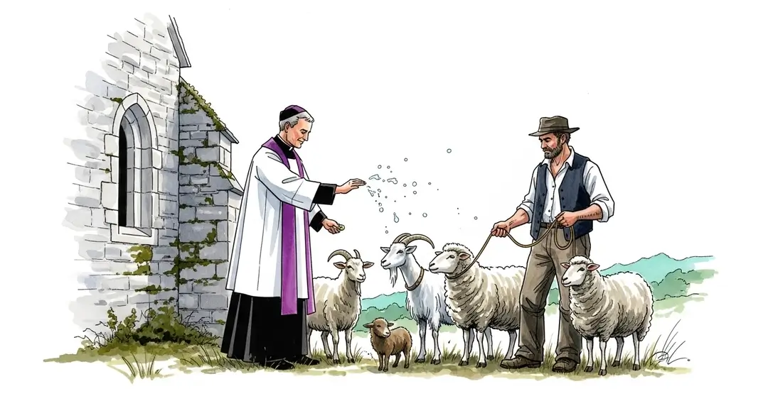 Scène illustrant les traditions rurales avec la bénédiction d'animaux en Ardèche