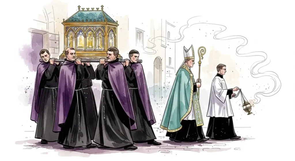 Aquarelle de la procession de la Sainte-Épine en Bourgogne