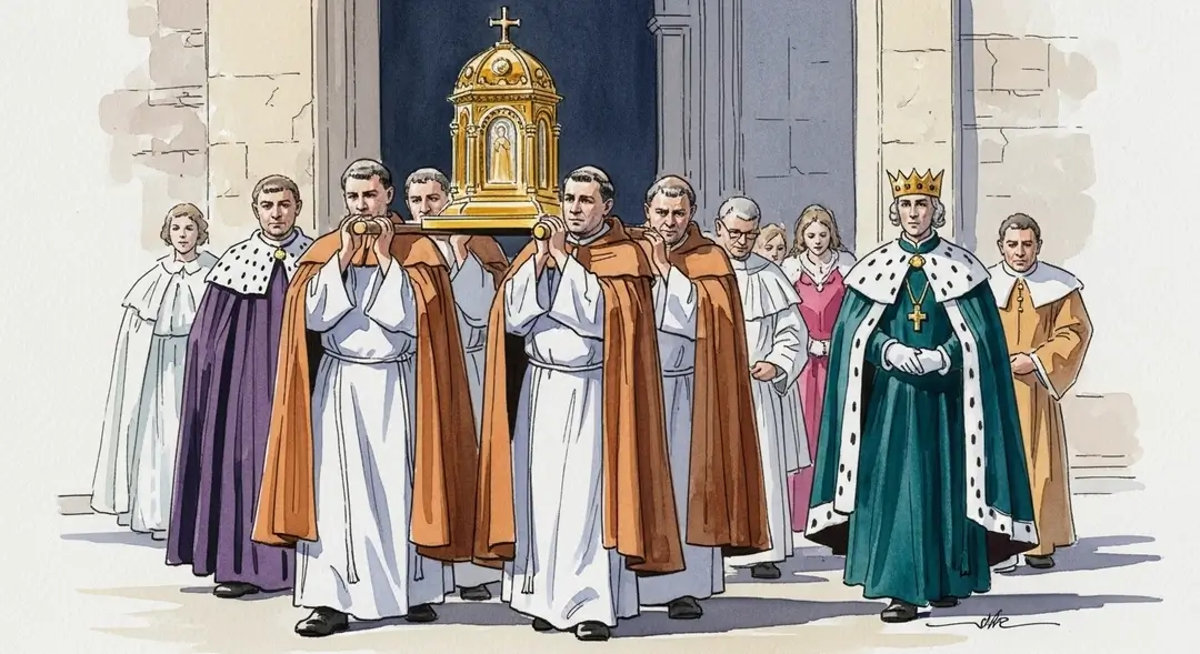 Illustration des processions de Marie-Madeleine en Provence montrant des confréries en costumes traditionnels portant le reliquaire à Saint-Maximin-la-Sainte-Baume.