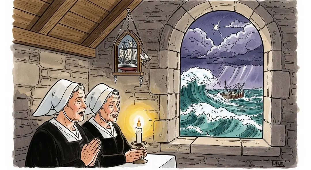 Deux femmes bretonnes prient dans une chapelle pendant une tempête