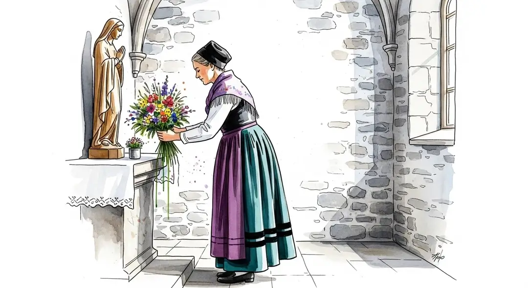 Femme en costume d'époque illustrant la coutume savoyarde d'offrir des fleurs à la Vierge Marie