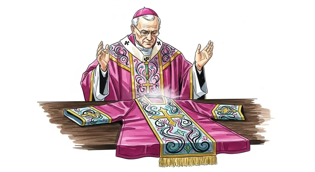Illustration du rituel de bénédiction des vêtements liturgiques où un évêque consacre une chasuble