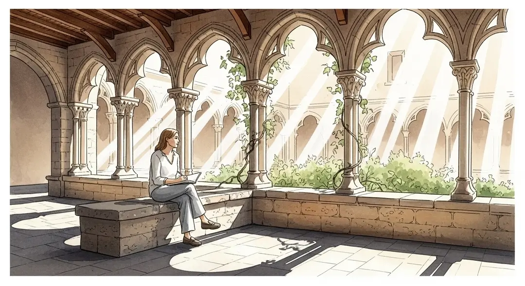 Aquarelle d'une femme en plein recueillement durant un séjour spirituel en abbaye