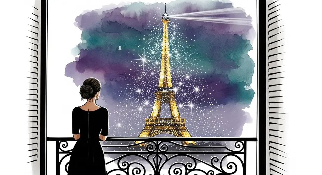 Illustration du scintillement de la Tour Eiffel la nuit. Une femme admire le spectacle lumineux de la Tour Eiffel qui brille