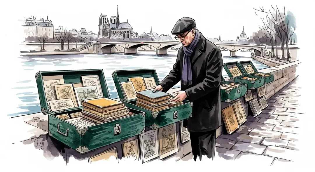 Illustration sur l'histoire des bouquinistes de Paris : un libraire des quais de Seine proposant des livres anciens
