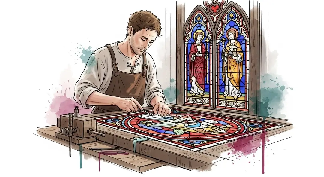 Illustration d'un maître verrier pendant la restauration de vitraux médiévaux