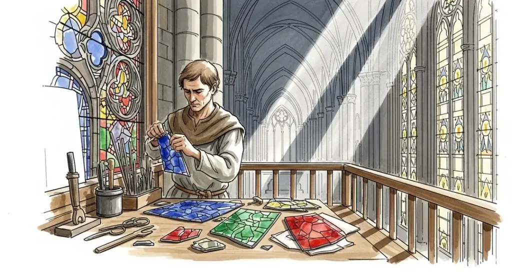 Illustration de l'art du vitrail gothique montrant un maître verrier créant un des vitraux d'une cathédrale française
