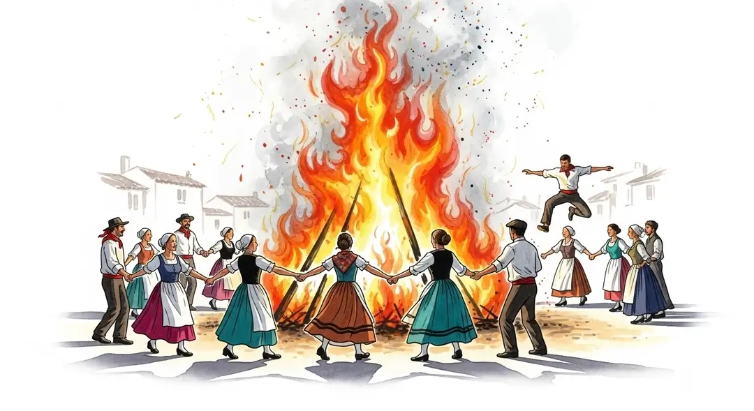 Aquarelle des feux de la Saint-Jean en Provence illustrant les traditions ancestrales avec des villageois dansant la farandole autour du bûcher.