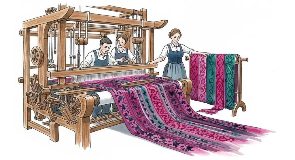Illustration de la soierie lyonnaise où des artisans tissent un foulard en soie de Lyon