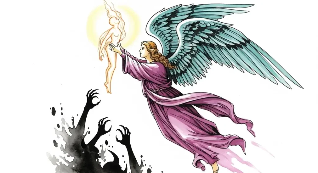 Illustration de la symbolique des anges gardiens dans l'art gothique : un ange protège une âme