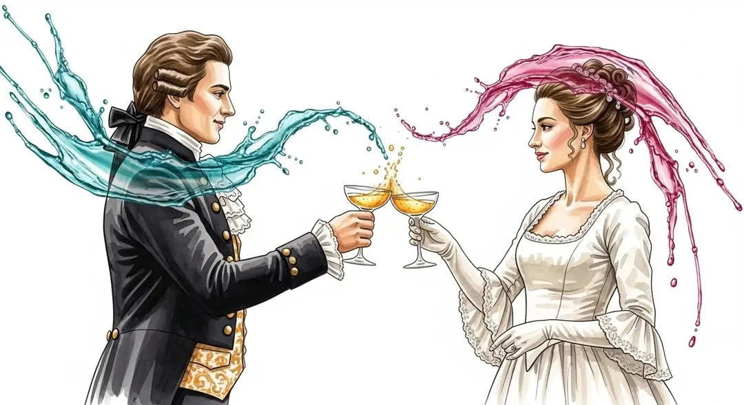 Un couple d'aristocrates du 18e siècle illustre la tradition du mariage français avec un toast au champagne