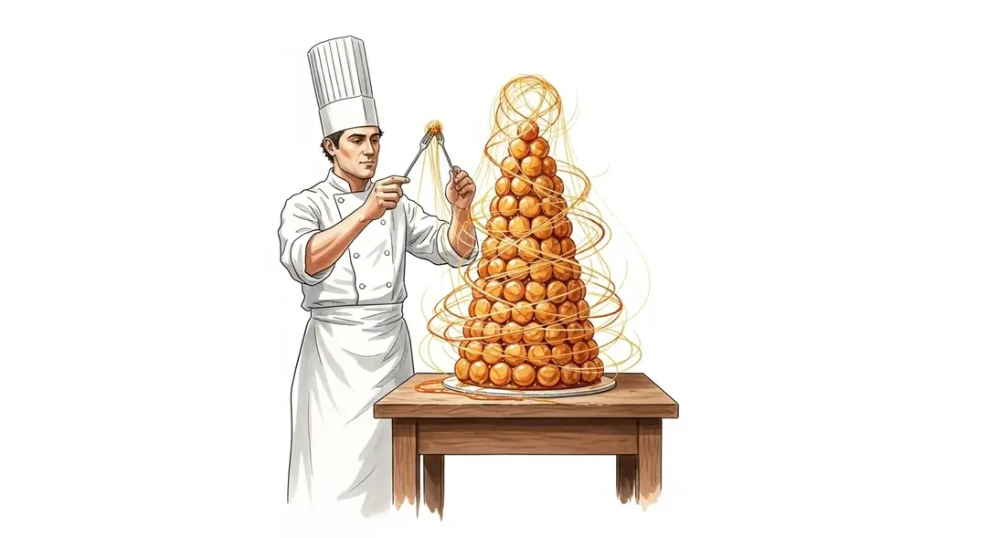 L'histoire du croquembouche illustrée par le chef Carême décorant cette pièce montée