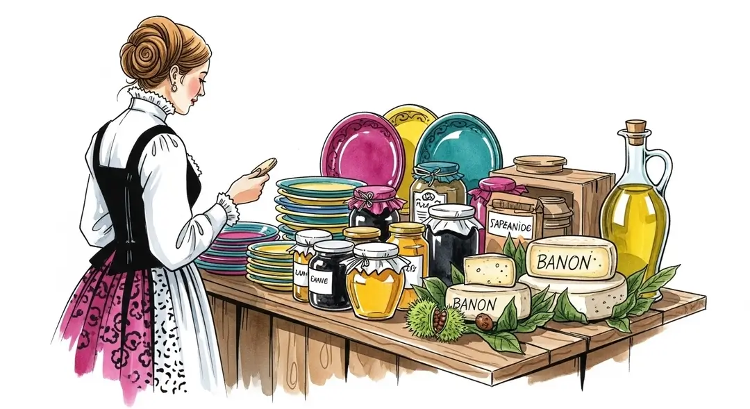 Illustration d'une femme en costume arlésien sur un marché provençal lors de la foire de mai en Provence