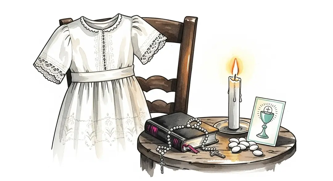 Aquarelle illustrant les traditions d'une communion catholique à la campagne : une aube
