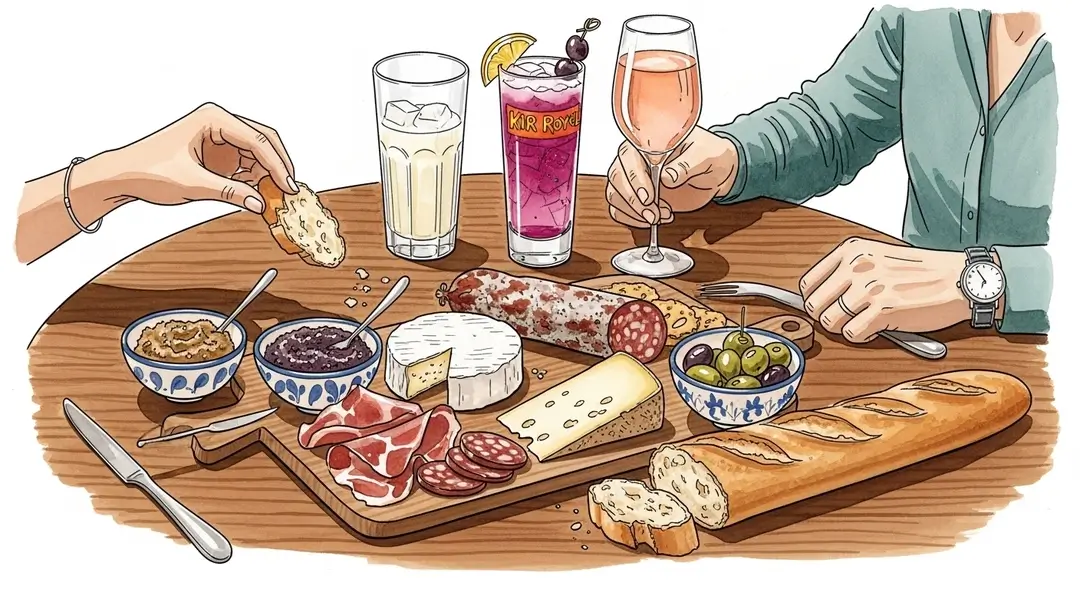 Planche apéro avec charcuterie et fromage pour organiser un apéritif français facile selon la tradition