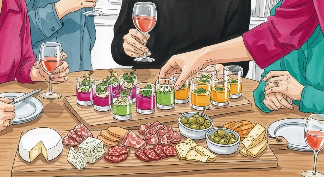 Illustration style aquarelle montrant des idées pour organiser un apéritif dînatoire et un repas convivial avec des recettes de planches et verrines.