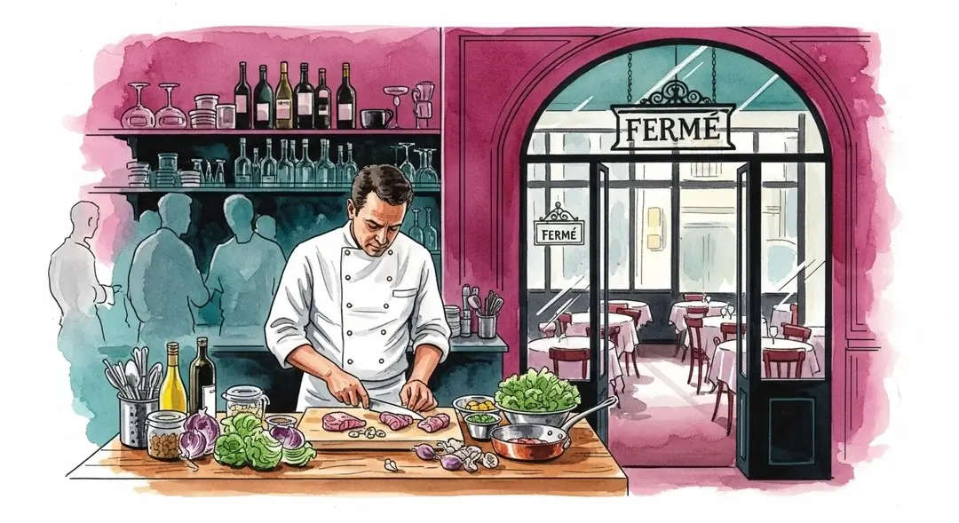 Illustration d'un chef en cuisine durant la coupure en restauration