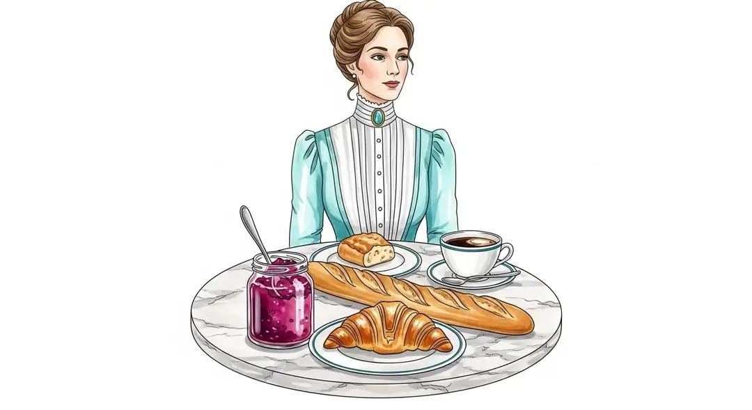 Une illustration de la culture culinaire française montrant une femme savourant un petit-déjeuner sucré traditionnel français