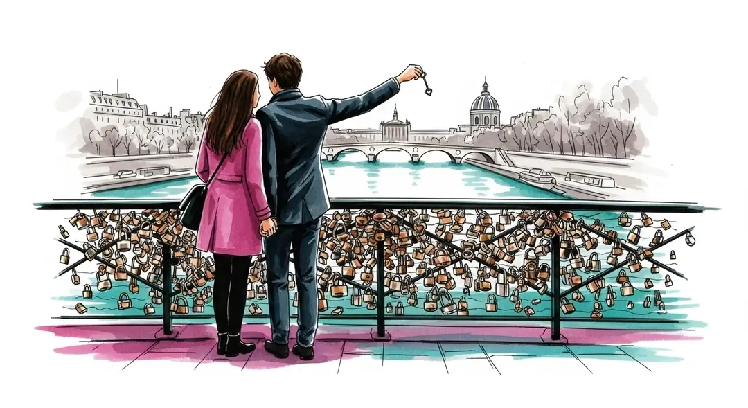 Un couple accrochant un des cadenas d'amour sur le Pont des Arts
