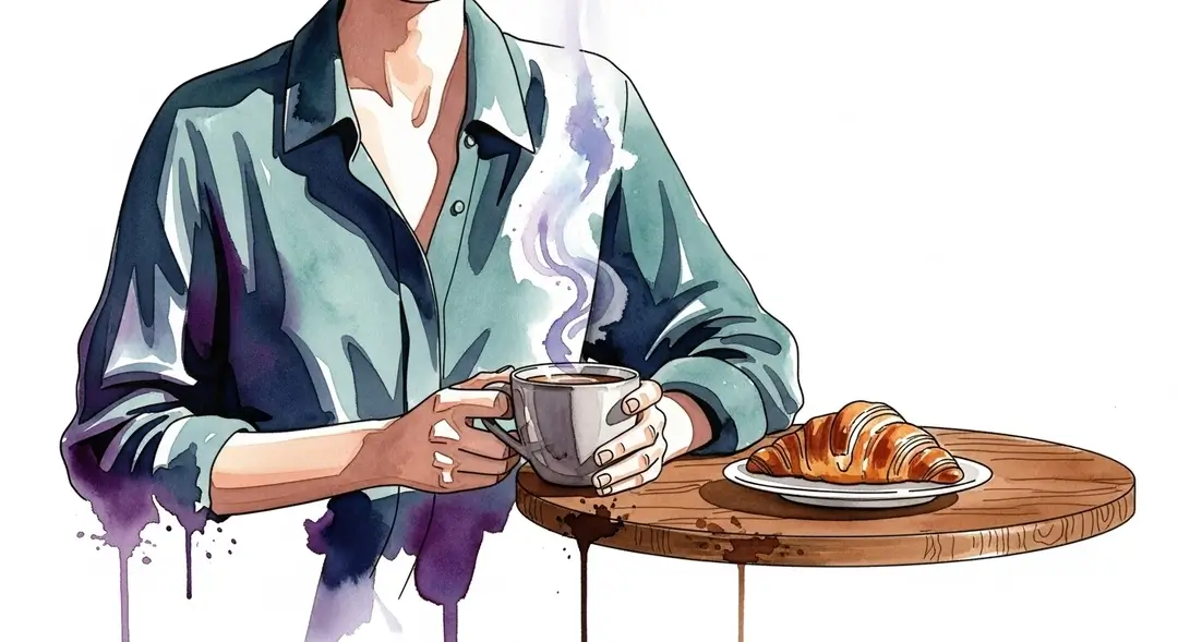 Illustration d'une femme durant son rituel matinal avec un café et un croissant