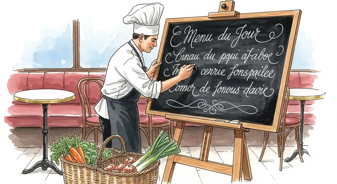 Un chef prépare le menu du jour sur une ardoise de restaurant