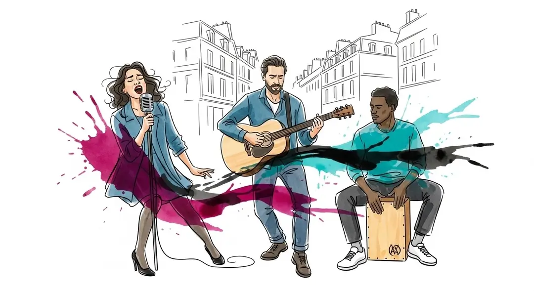 Illustration à l'aquarelle de musiciens jouant de la musique dans la rue à Paris durant la Fête de la Musique