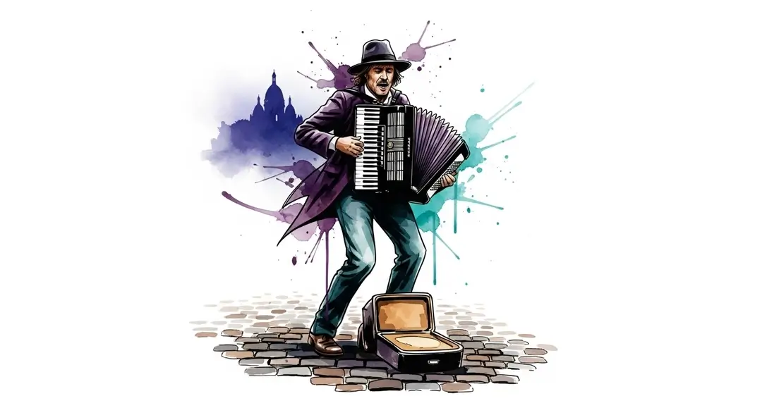 La musique de rue à Montmartre avec un artiste jouant de l'accordéon dans une ruelle pavée