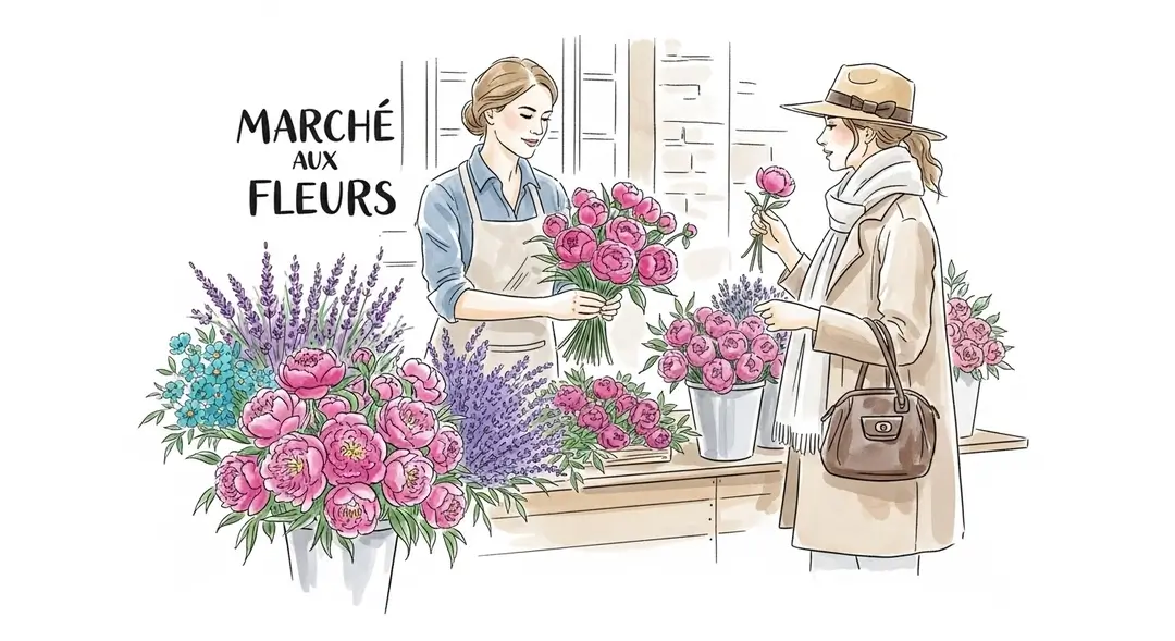 Illustration à l'aquarelle d'un marché aux fleurs de village