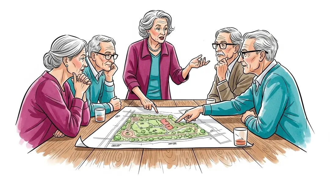 Des membres d'un Conseil des Sages examinent le plan d'un projet