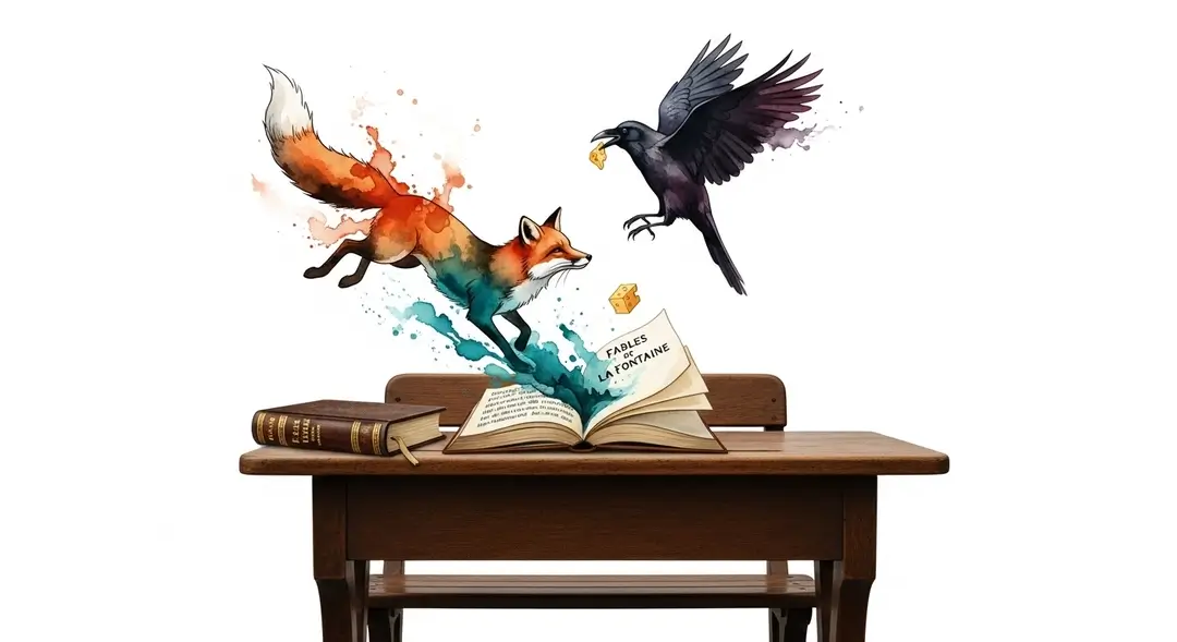 Illustration symbolisant la tradition orale et la récitation des fables de La Fontaine à l'école