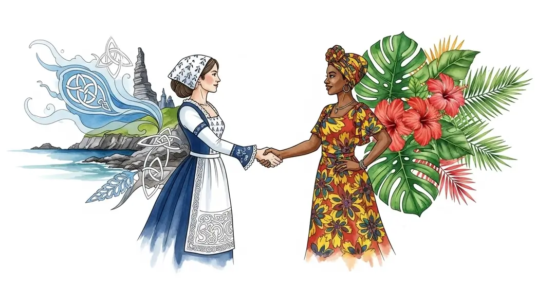 Illustration d'un partenariat métropole outre-mer : deux femmes symbolisant la Bretagne et la Martinique se serrent la main pour représenter le jumelage outre-mer.