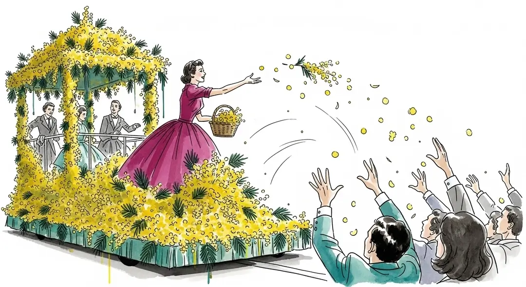 Illustration retraçant l'histoire du Festival du Mimosa de Mandelieu avec la Reine du Mimosa sur son char lors de la traditionnelle bataille de fleurs sur la Côte d'Azur.