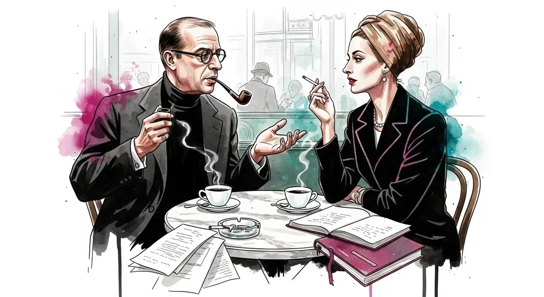 Illustration de Jean-Paul Sartre et Simone de Beauvoir dans un des célèbres cafés littéraires de Paris