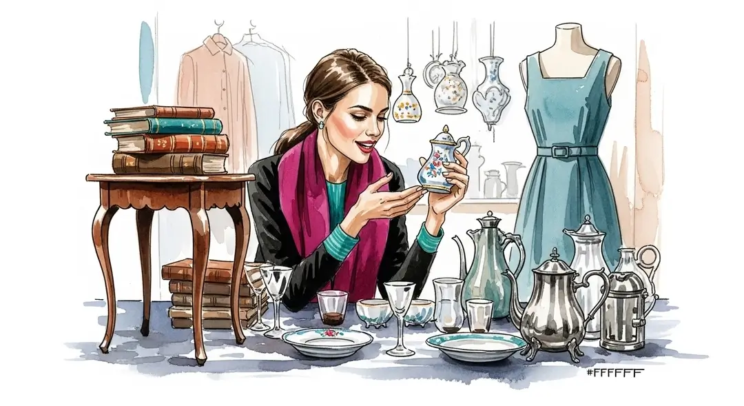 Une femme examine des antiquités sur un stand de marché aux puces