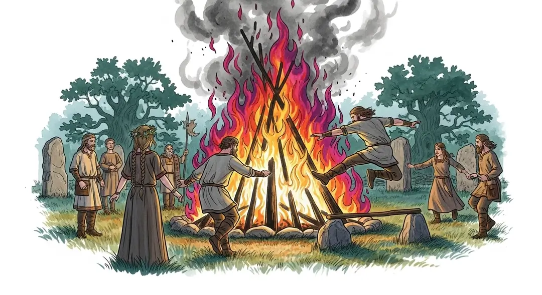 Illustration des rituels du solstice d'été : une célébration païenne où des Celtes dansent autour d'un grand feu