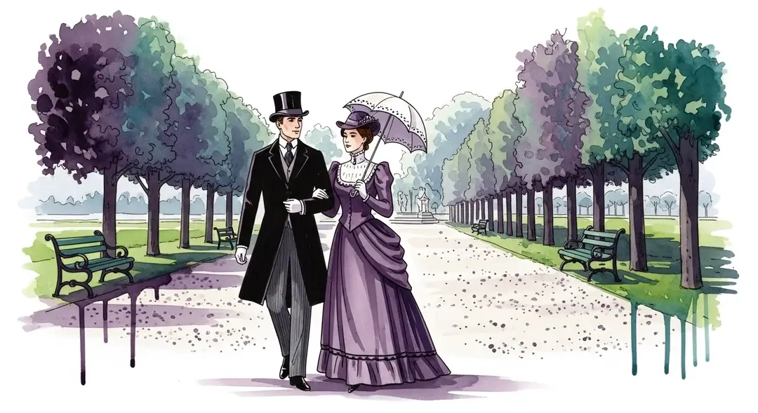 Aquarelle d'un couple du XIXe siècle durant la promenade dominicale dans un parc français
