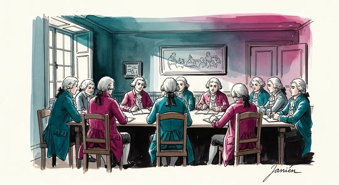 Illustration d'une rencontre de confrérie laïque de bienfaisance où des membres discutent de leur rôle social et de l'entraide mutuelle au 18e siècle.