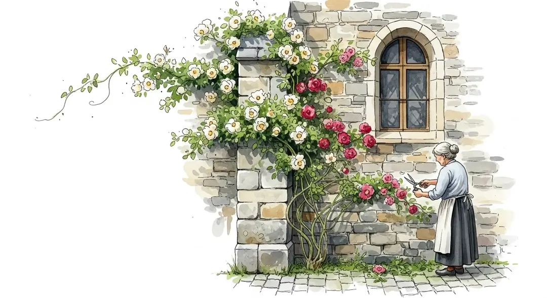 Aquarelle de rosiers grimpants sur les murs d'une église ancienne