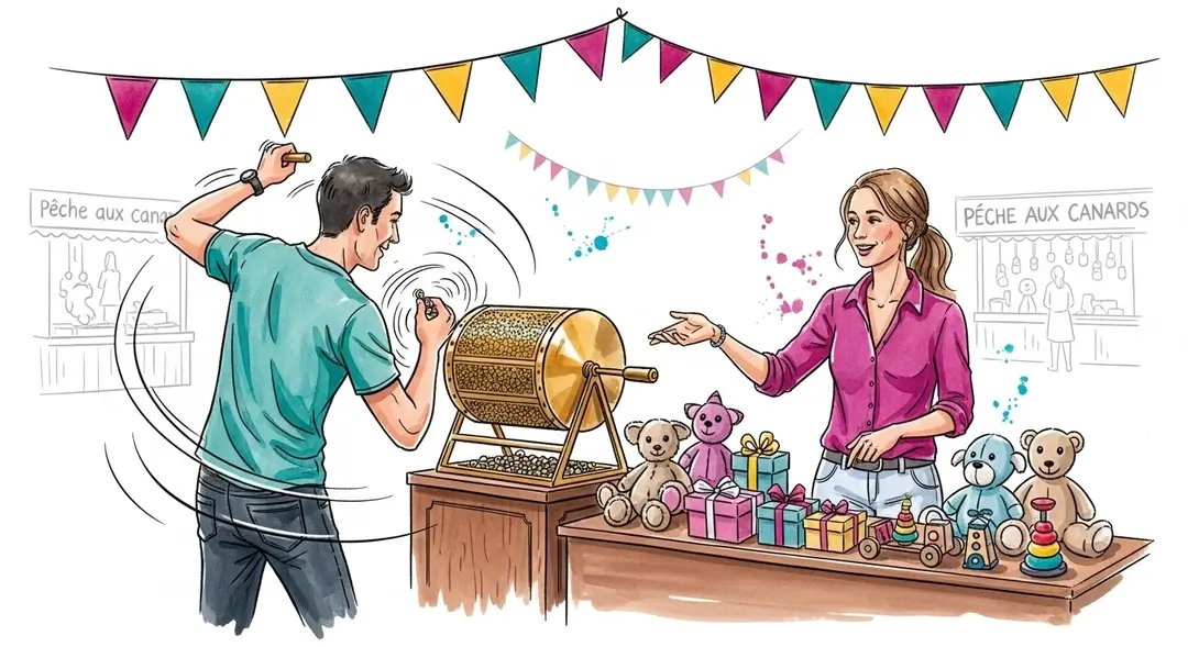 Illustration de la tradition de la kermesse d'école à travers l'organisation d'un stand de tombola par des bénévoles lors de la fête paroissiale annuelle.