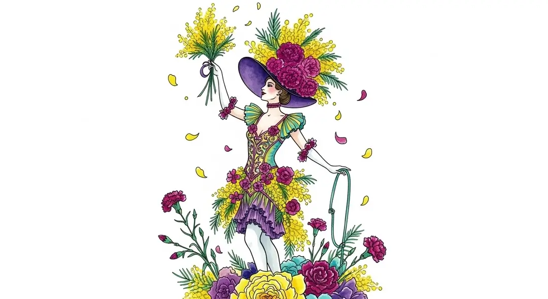 Illustration d'une femme sur un char fleuri durant la bataille de fleurs