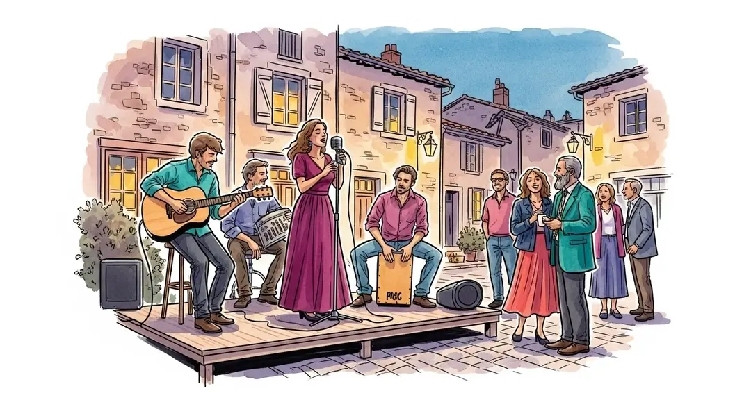 Illustration de la Fête de la Musique dans les petites villes montrant une scène locale de musique et l'ambiance de convivialité dans un village.