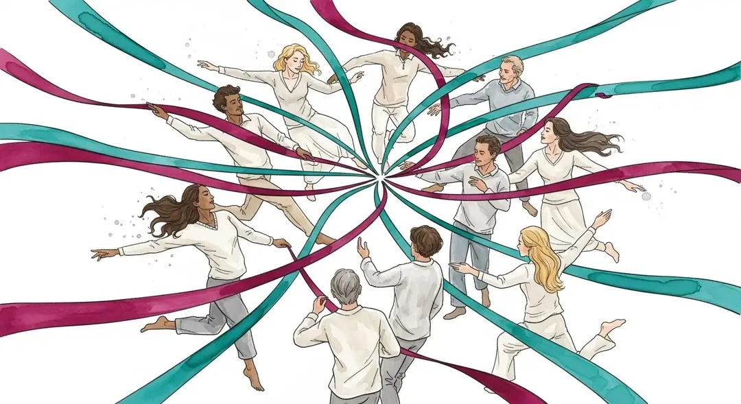 Illustration à l'aquarelle d'un groupe d'adultes célébrant le rituel de l'équinoxe de printemps