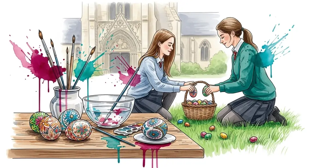 Illustration des activités pour Pâques en pensionnat : jeunes pensionnaires d'un internat catholique durant les fêtes de printemps.