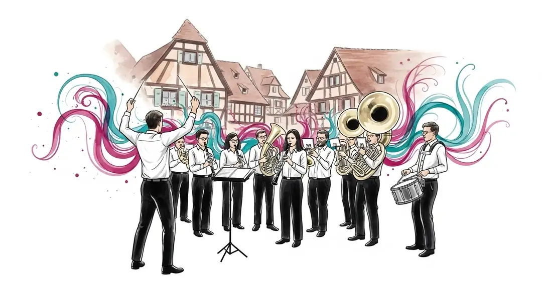 Aquarelle d'une harmonie municipale en Alsace lors d'un festival de musique alsacienne