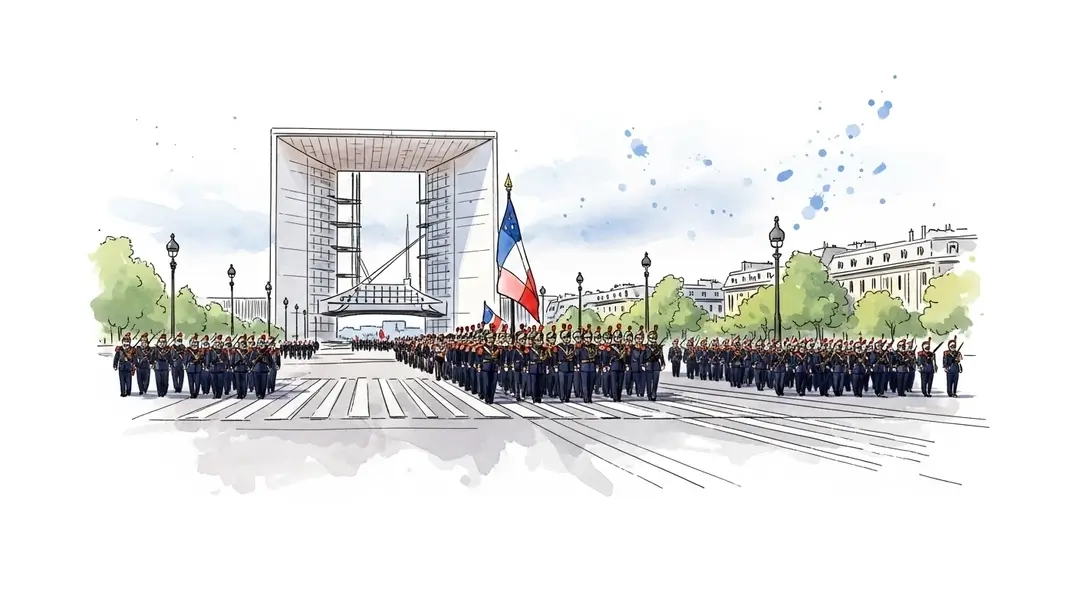 Ilustración en acuarela que muestra el significado de la Défense en los desfiles militares parisinos