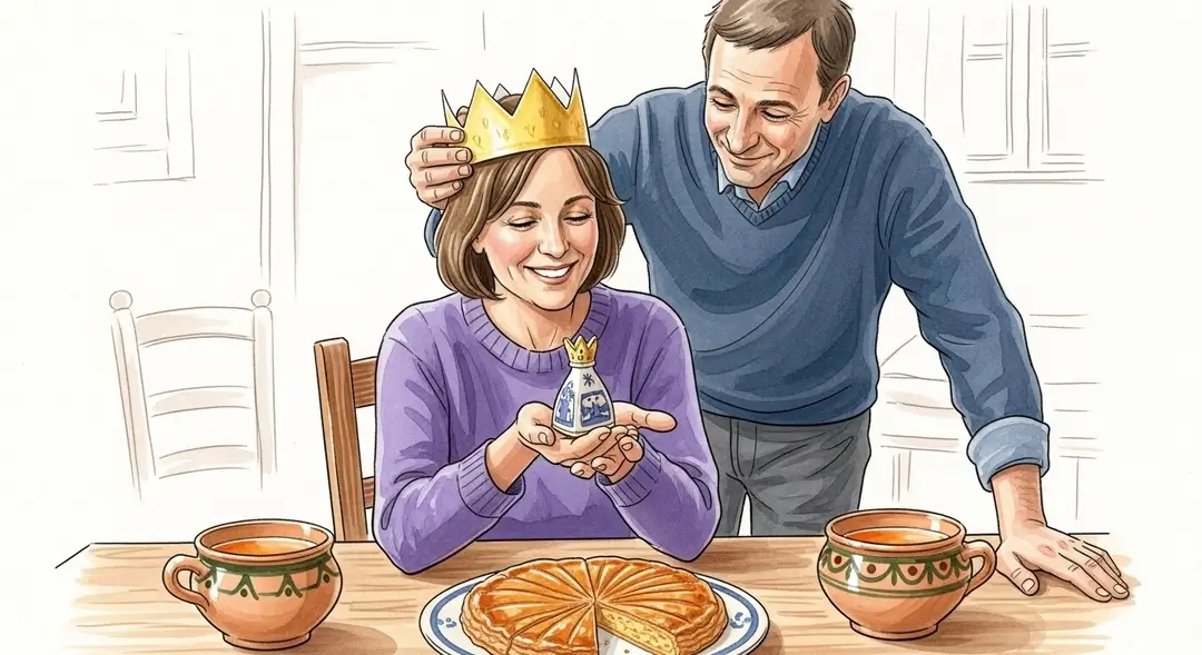 Une femme couronnée après avoir trouvé la fève dans une galette des rois artisanale