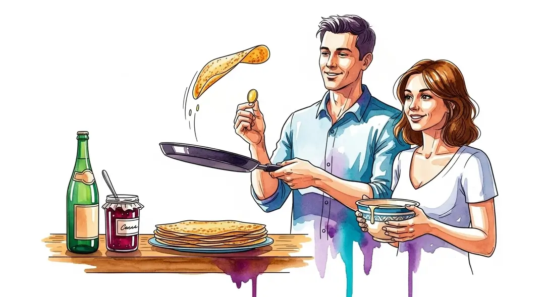 Un couple célèbre la Chandeleur en famille ; l'homme fait sauter une crêpe pour la fête des crêpes