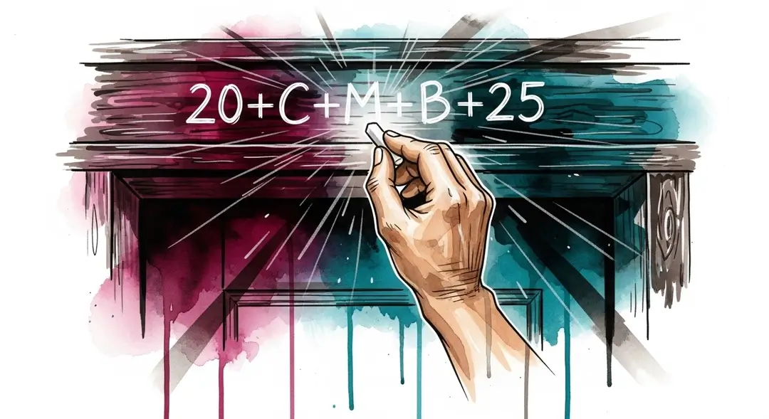 Illustration du rituel de la bénédiction de maison pour l'Épiphanie avec une main inscrivant à la craie la formule 20+C+M+B+25 sur une porte.