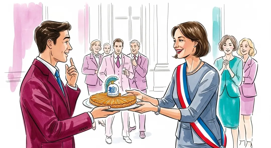 Une maire partage la galette républicaine avec un citoyen qui découvre une fève laïque